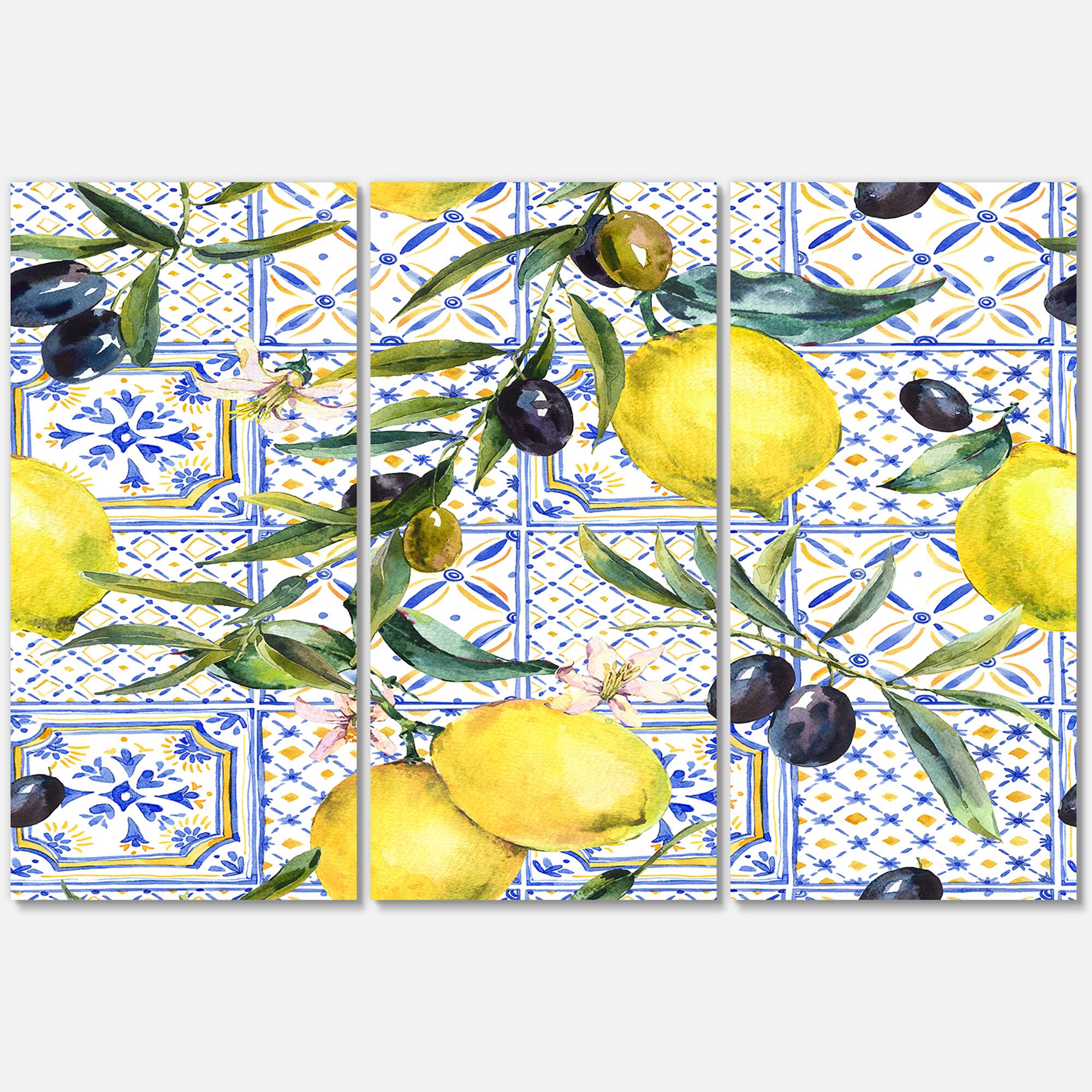 Designart - Lemon Ornament On Blue Geometrical Pattern III - Tropical Canvas Wall Art Print